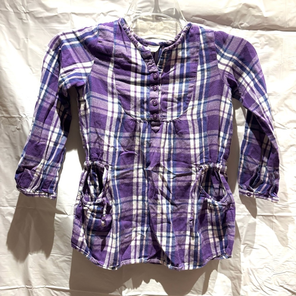 Mini Boden Purple Blue Plaid Cotton Flannel drawstring Waist Shirt SZ 9-10 Y